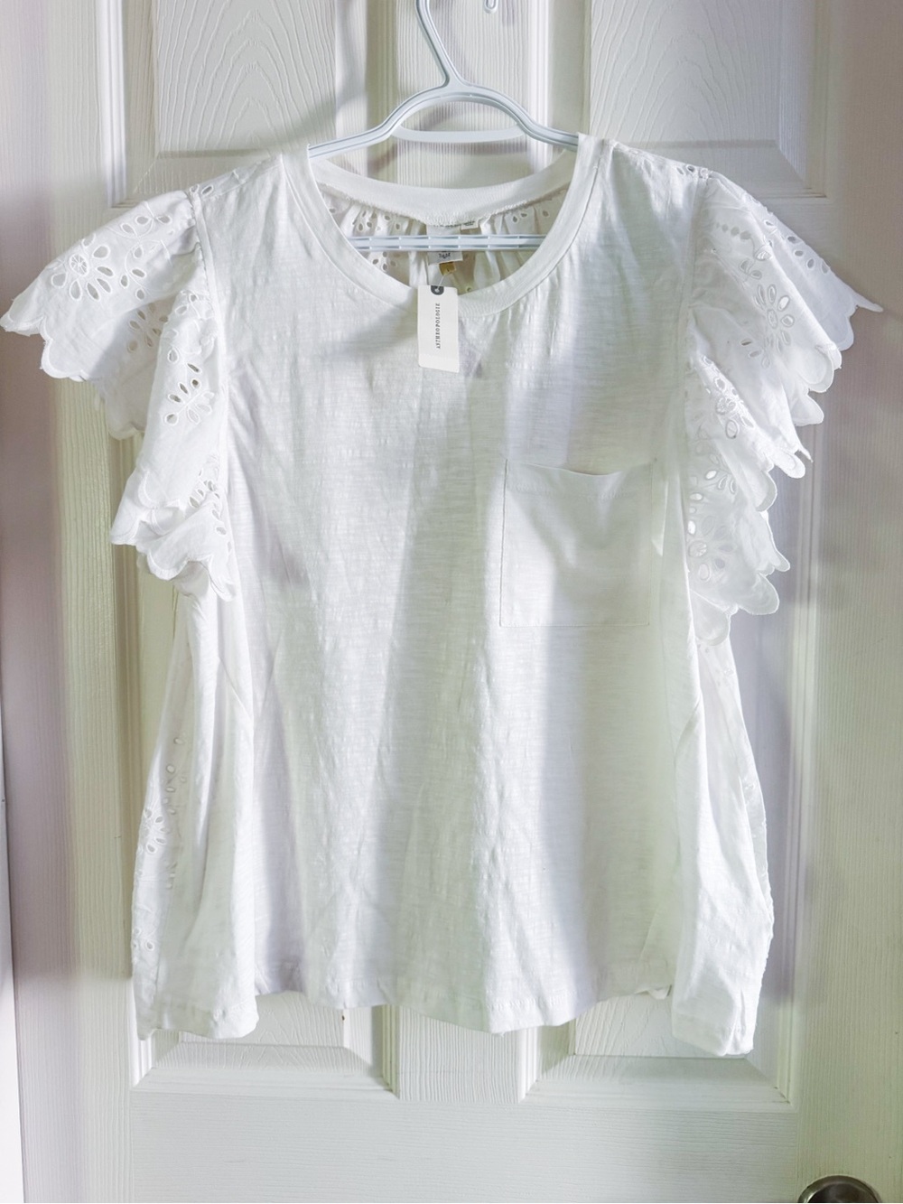NWT Anthropologie Seen Worn Kept White Eyelet Flutter Sleeve Top Size L Twee